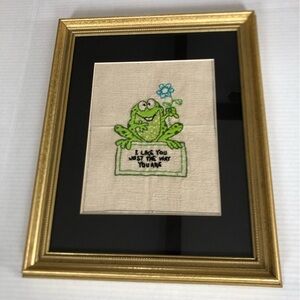 Vtg Frog Embroidery Art with Gold Frame